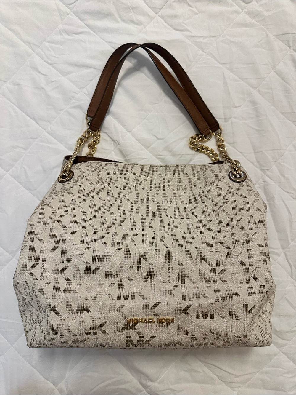 Michael Kors Jet Set Travel Large Chain Shoulder Tote Bag - Vanilla MK Signature